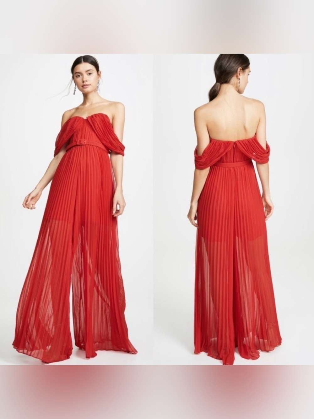 Self-Portrait | Red Pleated Off Shoulder Jumpsuit